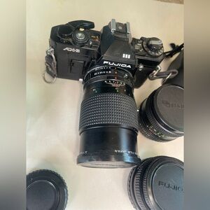 Fujica AX-3 Black & Chrome 35 MM Camera With X-Fujinon 1:1.9 f-50mm FM 3 Lenses